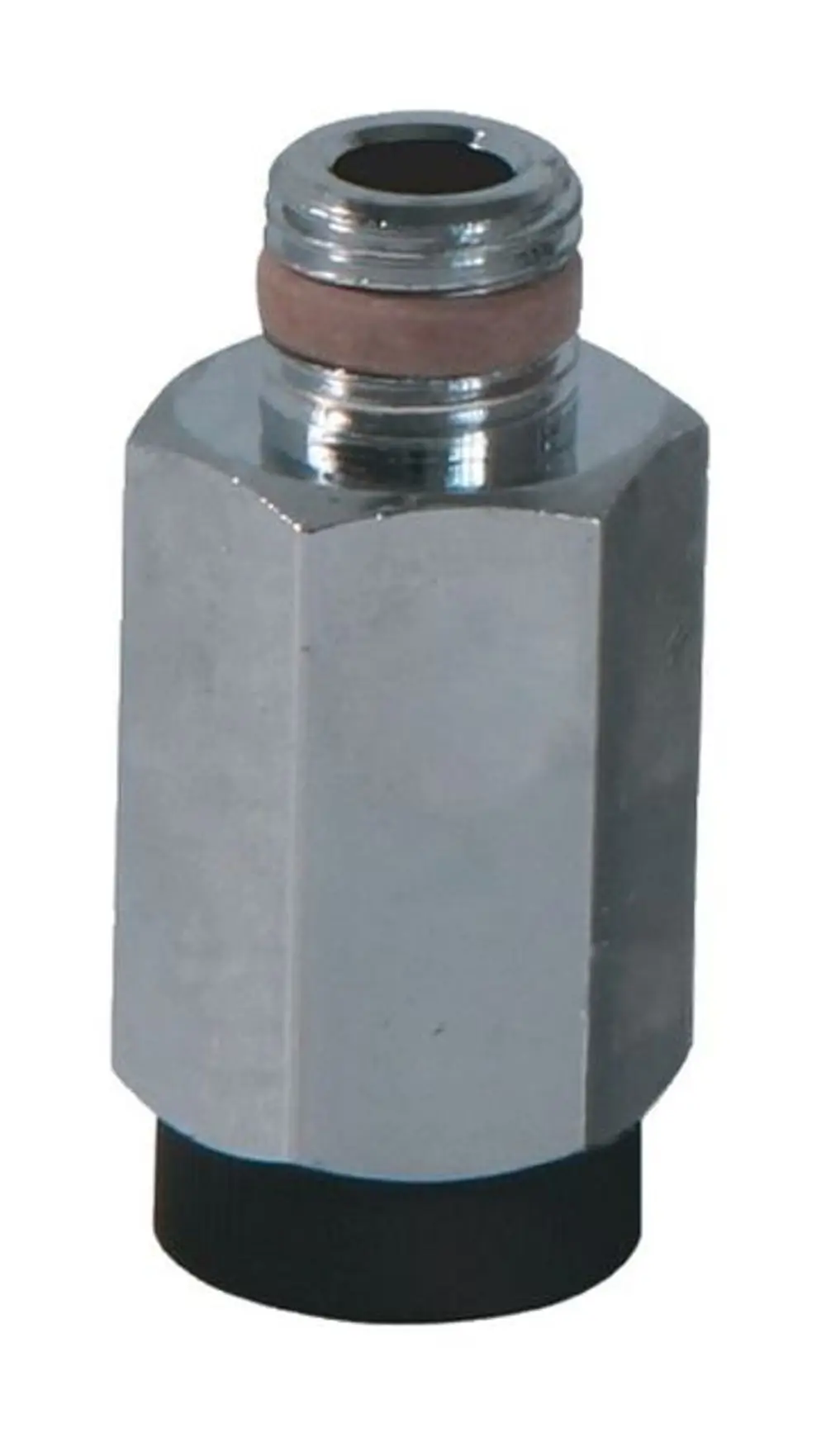 Adapter aus Metall mit sechseckigem Körper und einem Anschluss für Kunststoffleitungen, verwendet in Verbindung mit Syr Systemtrennern, zur Gewährleistung einer dichten Verbindung.